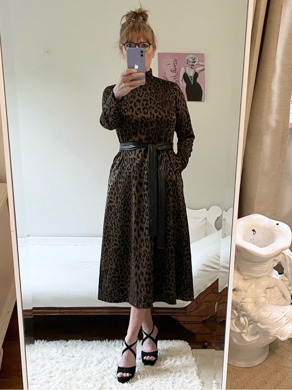 ANNE KLEIN LONG SLEEVE BROWN BLACK LEOPARD PRINT MIDI DRESS FAUX LEATHER BELT